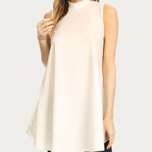 Long Body Sleeveless Top With Mock Neck - White